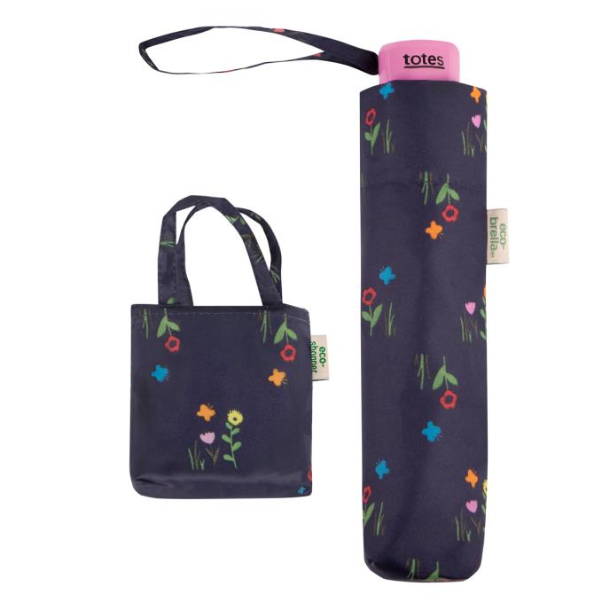 totes ECO-BRELLA® & Matching Bag in Bag Umbrella Shopper Navy Fowers (3 Section)